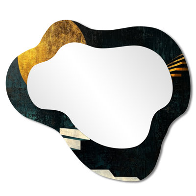 Gold And Black Moon Boundless Reverie I - Geometric Asymmetrical Wall Mirror, Modern Vanity Mirror, Printed on Metal