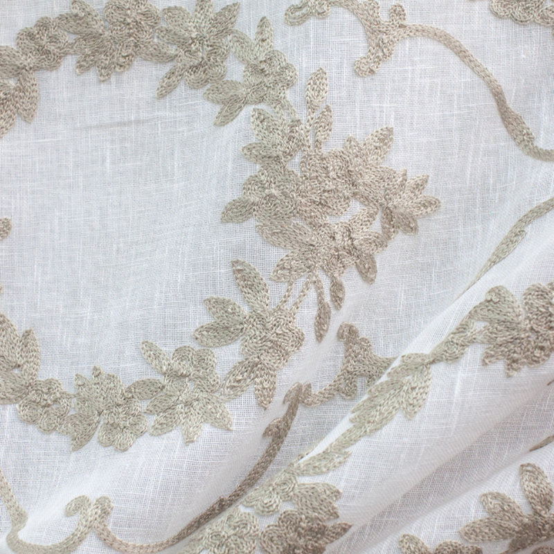 Kelly Fabric | Embroidered Floral Sheer Fabric | Drapery & Curtain Fabric, Flax