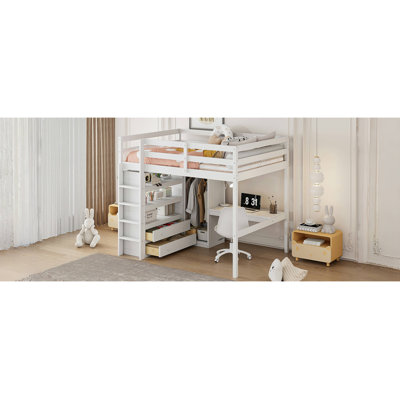 Wood Loft Teen Bed With Built-In Wardrobe, Desk, Storage Shelves And Drawers by Harriet Bee