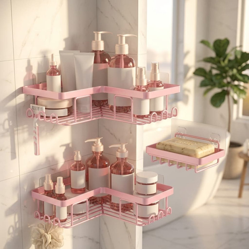 Ensemble de 3 tablettes de douche d'angle en acier inoxydable rose, sans perçage, avec porte-savon et 12 crochets