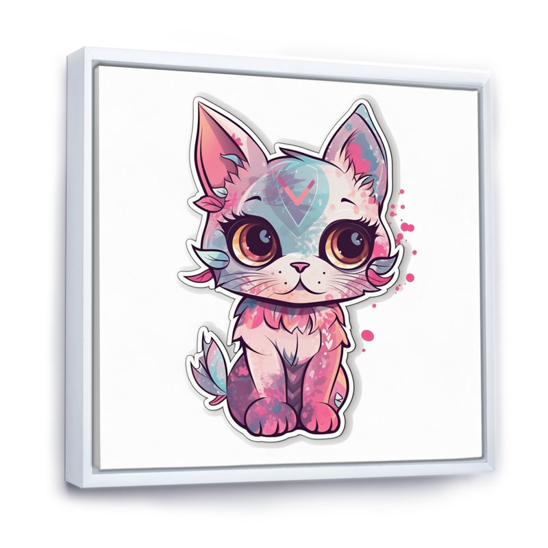 Illustration d'un chat chaton rose sur toile, H 24 po x l 24 po x P 1 po, Cadre flottant blanc
