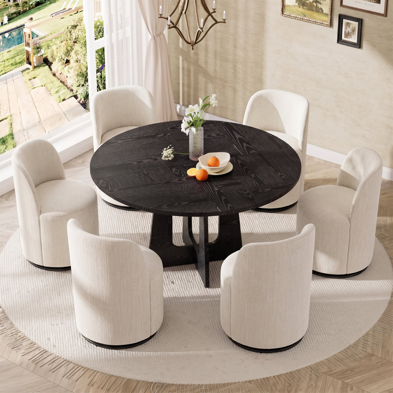 Ensemble de salle à manger moderne de 5 pièces avec des chaises pivotantes rondes en lin beige rembourrées et à roulettes
