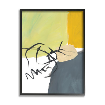 Jaune, gris, formes, fluides, lignes noires - Peinture
