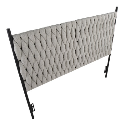 Queen Size Headboard, 2.5x62.5x52.75 Inch, Black Metal & Cream Fabric, 1 Piece, Headboard, Braided Design