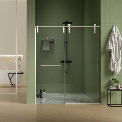 56"-60"W X 76"H Frameless Shower Door, Sliding Shower Door, Premium 5/16"(8Mm) Thick Tempered Glass Shower Enclosure With Towel Bar,Double Side Easy Clean Coat, With Buffer
