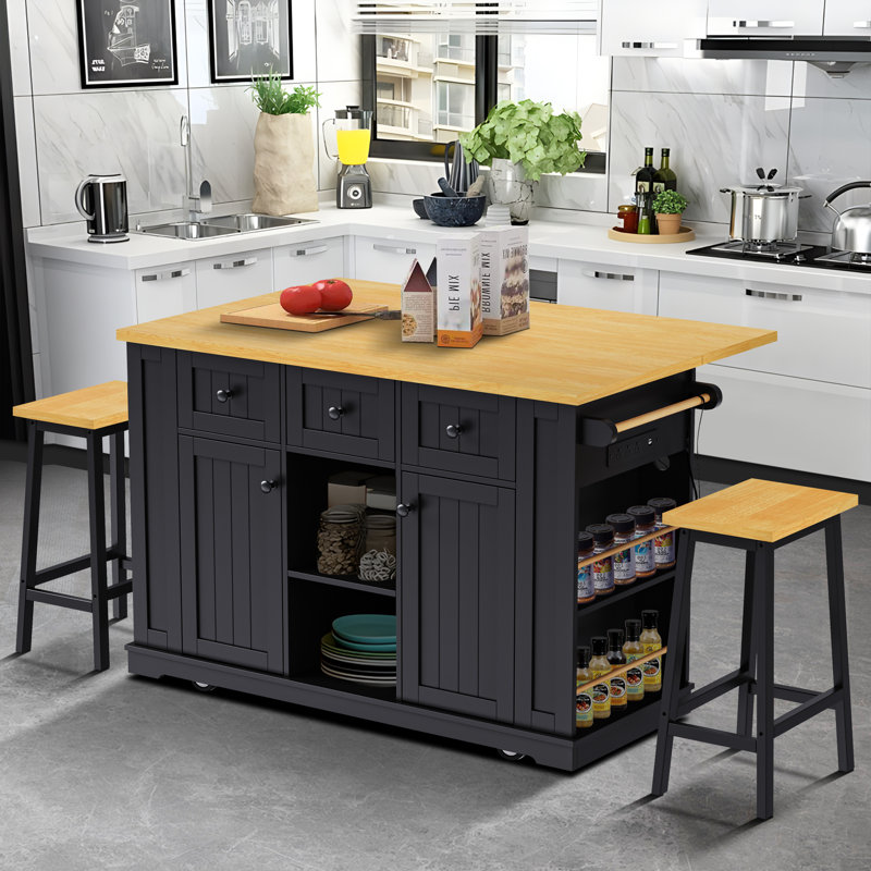 Large Kitchen Island with 2 Bar Stools, Power Outlet, Black, 36.4" H x 53.14" W x 29.52" D