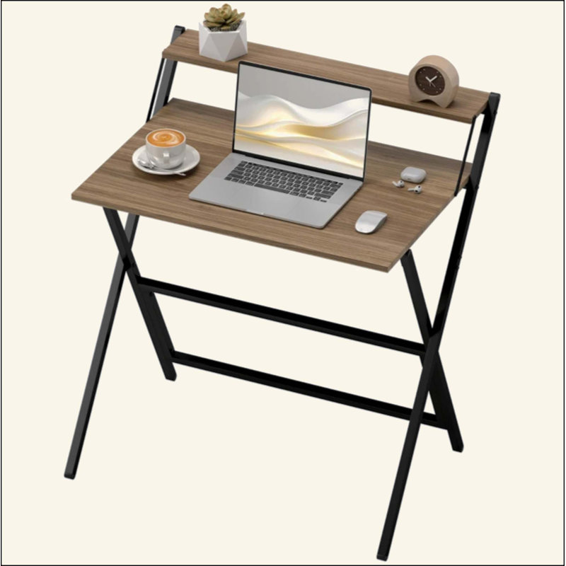 Foldable Desk With Monitor Shelf , Easy Assembly, 34.1" H x 32.1" W x 24.4" D, Natural