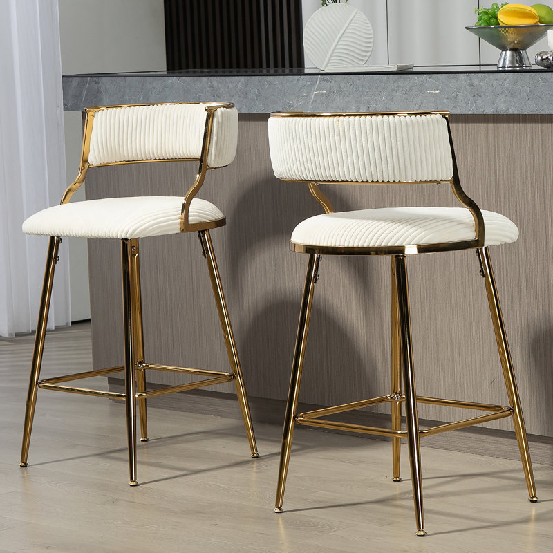 (ENSEMBLE de 2) tabourets de bar 26 po à hauteur de comptoir en velours côtelé avec dossier, base chromée dorée et repose-pieds (BEIGE)
