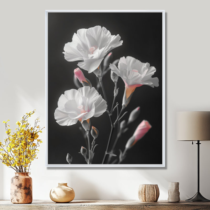 Oeillets botaniques blancs et gris - salon avec œillets, Toile encadrée flottée blanche, H 40 po x l 30 po x P 1,5 po