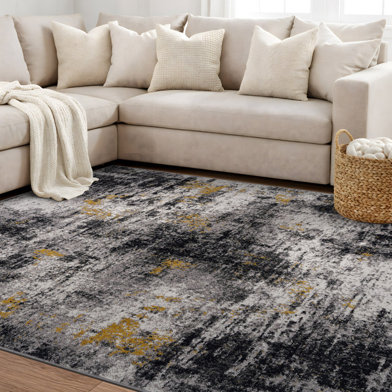 Abstract Yellow/Black/Gray Area Rug, Round 6'7"