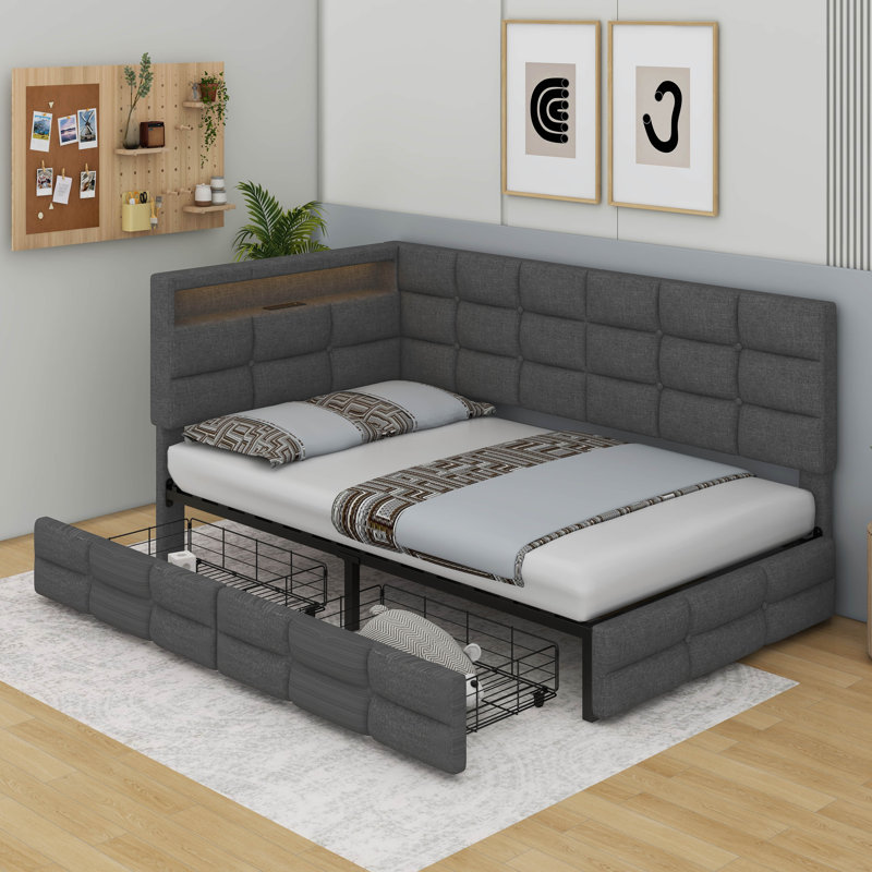 Lit de jour simple avec rangement 2 tiroirs et station de charge, Gris