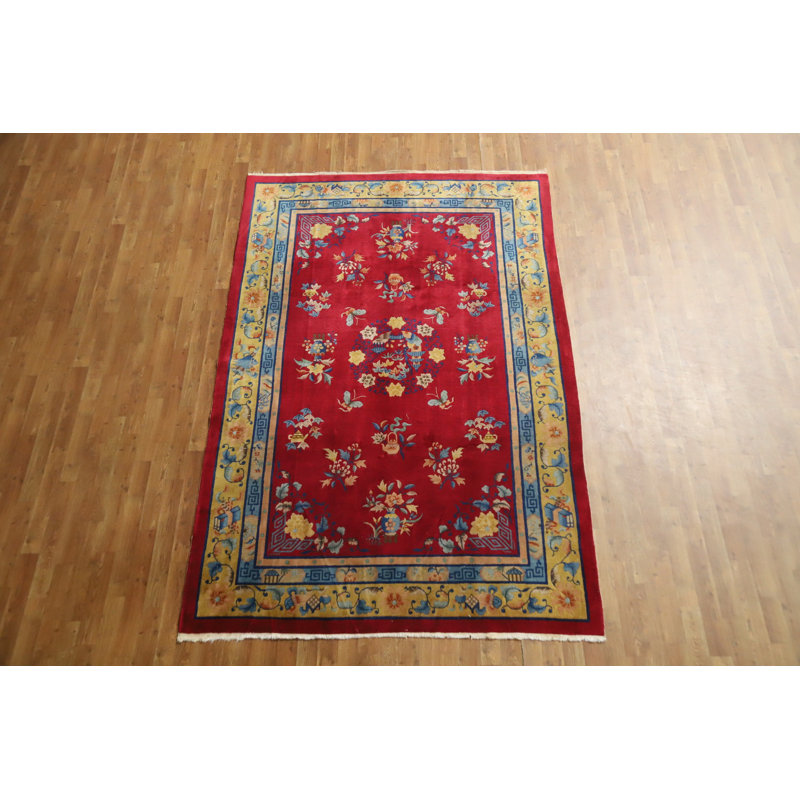 Tapis art floral rétro rouge 6 x 9