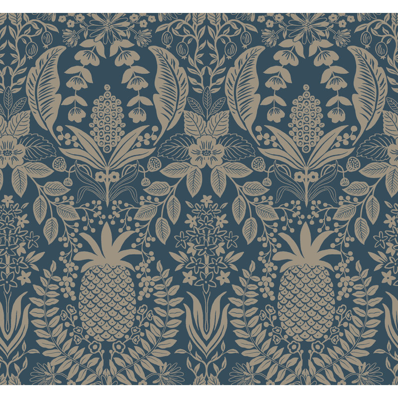 Papier peint ananas damassé, Bleu marine