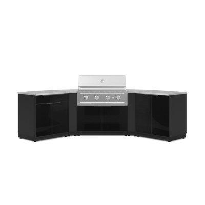 Ensemble de cuisine extérieure en aluminium noir, 7 pièces, comprenant un meuble-bar à 2 portes, un meuble de coin, un meuble pour barbecue, un barbecue haute performance au propane de 101,6 cm (40 po) et des comptoirs en acier inoxydable de 81,3 cm (32 po).