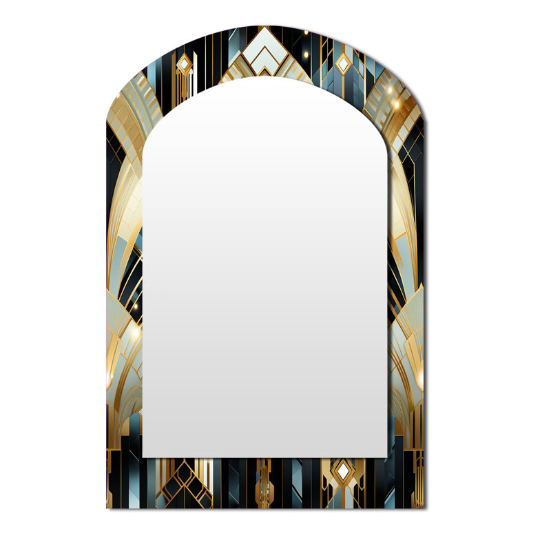 1970S Blue And Gold Damask Art Deco - Marble Asymmetrical Decorative Mirror, Modern Arch Wall Mirror, Printed Metal Art