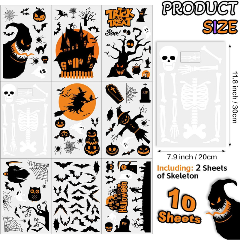 10 feuilles d'autocollants pour fenêtres d'Halloween