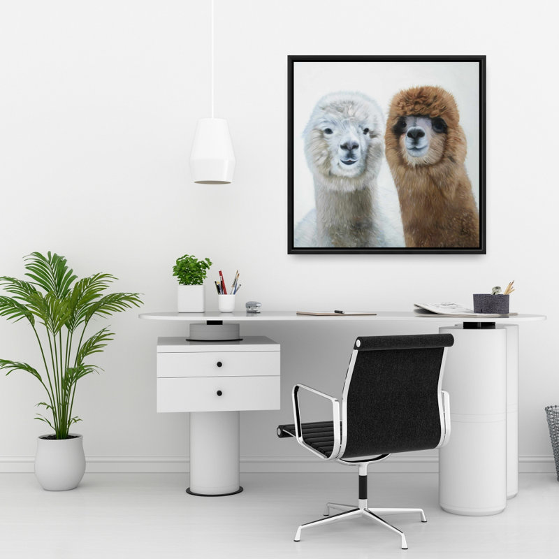 Deux lamas, toile encadrée blanche | Décoration de ferme