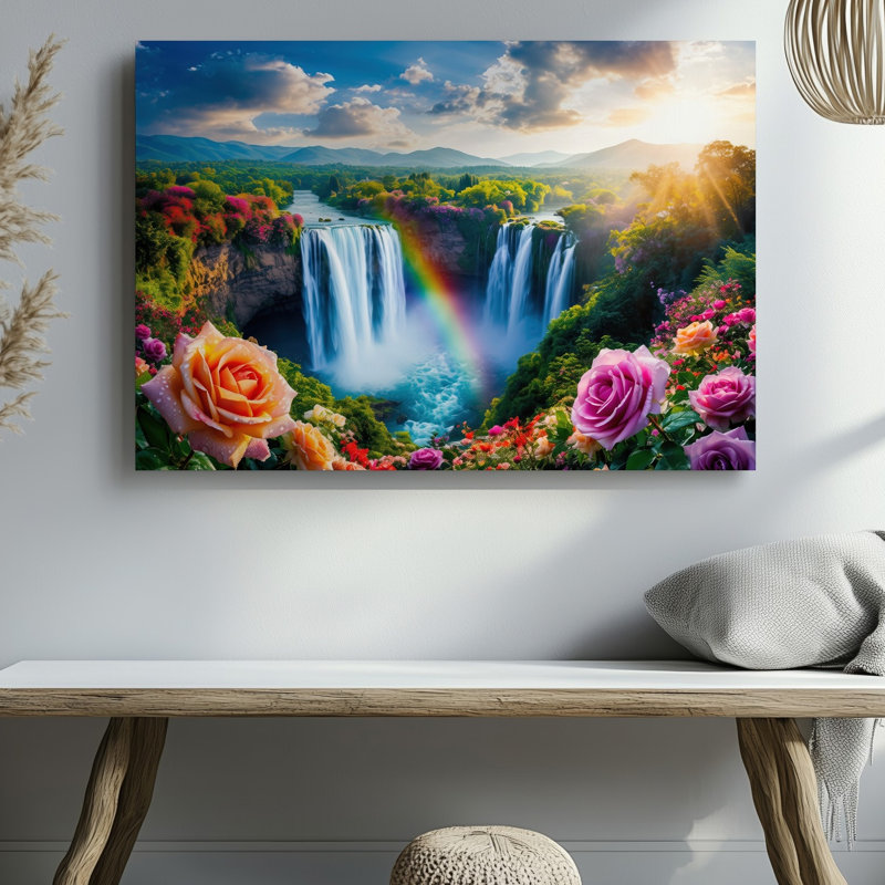 Reproduction d'art sur toile, "Un paysage fantaisiste éclatant avec une cascade majestueuse en cascade", "Falaises rocheuses entourées de verdure luxuriante"