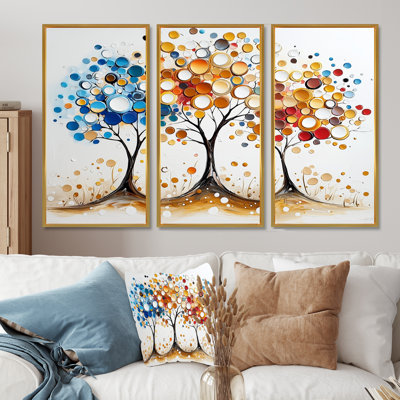 Automne orange et bleu arbre saisons reflets III - ensemble de salon abstrait Mid-Century Wall Art