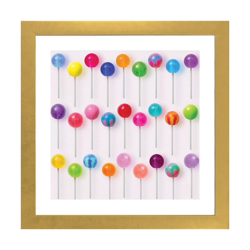 « Sucettes colorées » par Erin Summer-impression d’art graphique, Blanc, H 16 po x l 16 po x P 1 po, Papier encadré doré