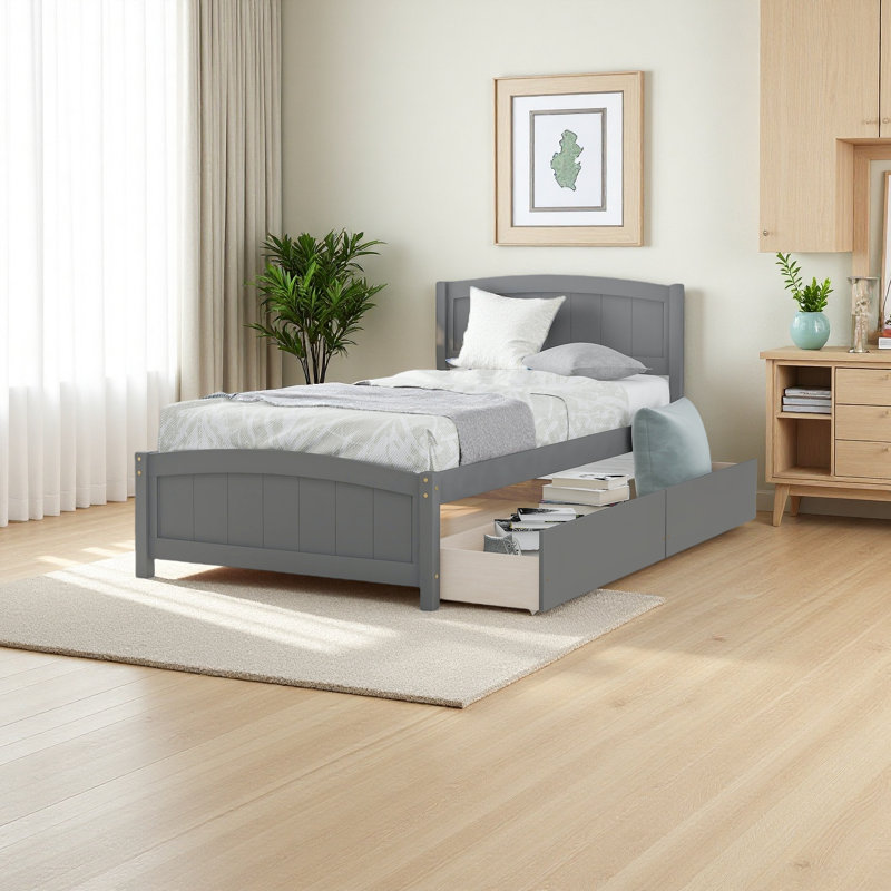 Lit plateforme simple avec deux tiroirs, Gris