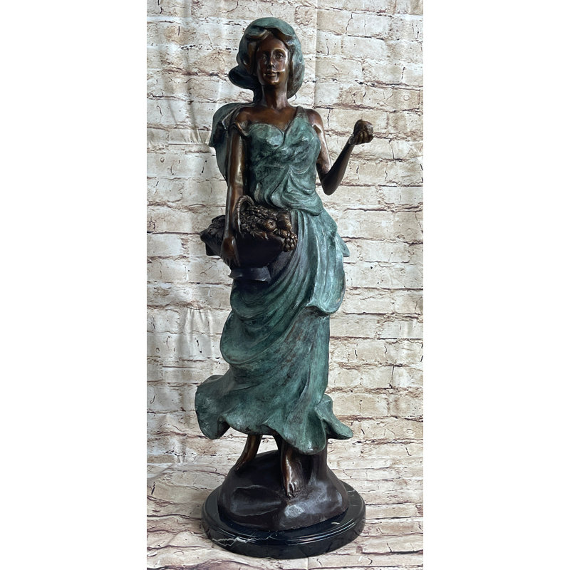 Bronze Statue of Woman Holding Basket on Marble Base