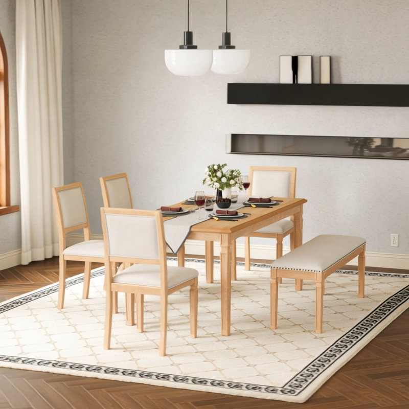 6-Piece Extendable Dining Table Set With 4 Chairs&Bench And Table, Natural, Natural/Beige, Natural/Beige