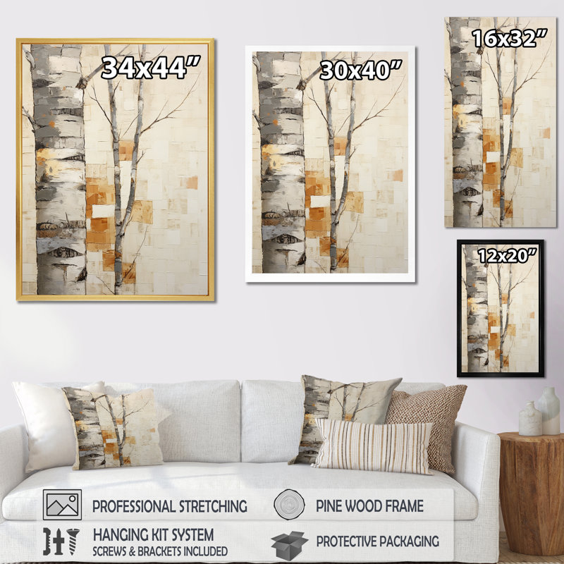 Arbre de minimalisme bouleau I sur toile, Cadre flottant naturel, H 44 po x l 34 po x P 1,5 po