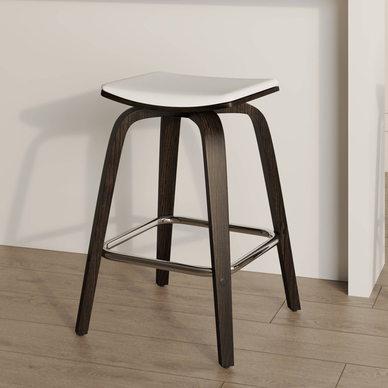 Hoxha Leather Square Counter Stool With Stained Poplar Wood Frame And 360-Degree Swivel Hoxha Collection, Dark Walnut/White