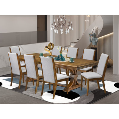 L'ensemble de table à manger 9 pièces comprend une table de cuisine rectangulaire et 8 chaises de salle à manger en tissu de lin gris, finition noyer antique