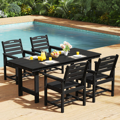 4-Person Outdoor Patio Dining Set with Umbrella Hole, 66.4'' L Rectangular Table With 4 Chairs For Patio, Garden, Porch, Pool