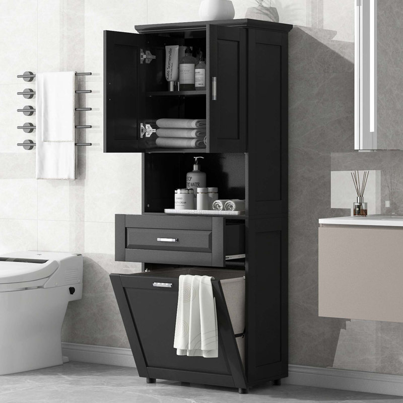 Grande armoire de salle de bain avec panier à linge, Noir