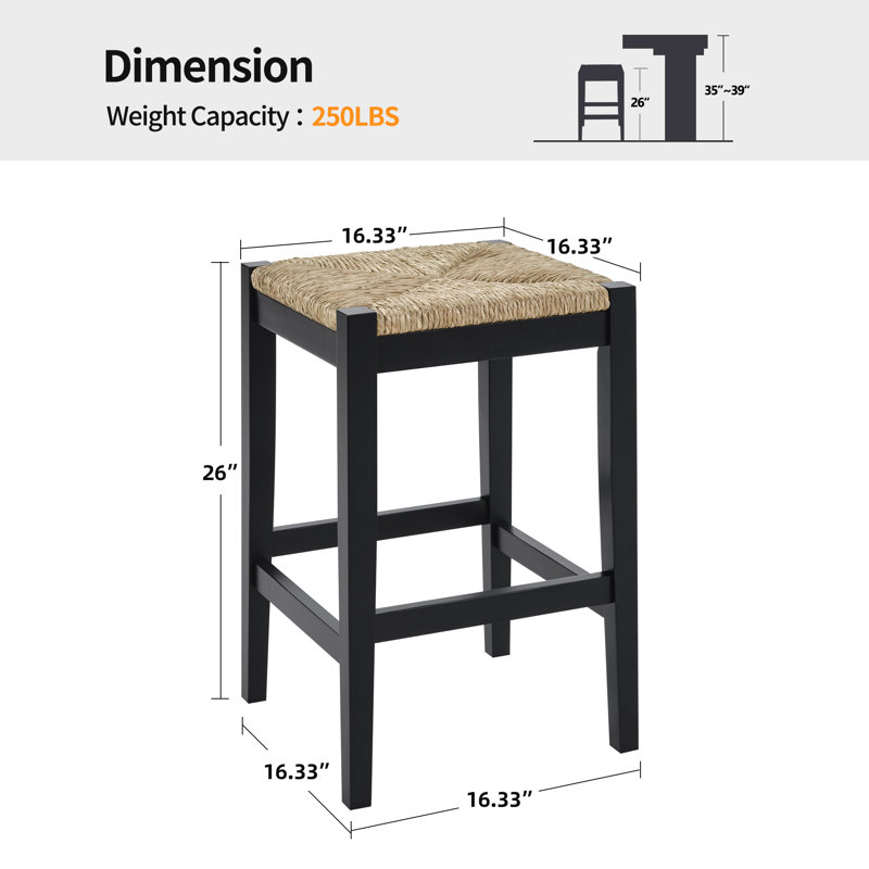 Tabouret de bar de style ferme en bois massif avec siège en corde tissé à la main, Noir, 4