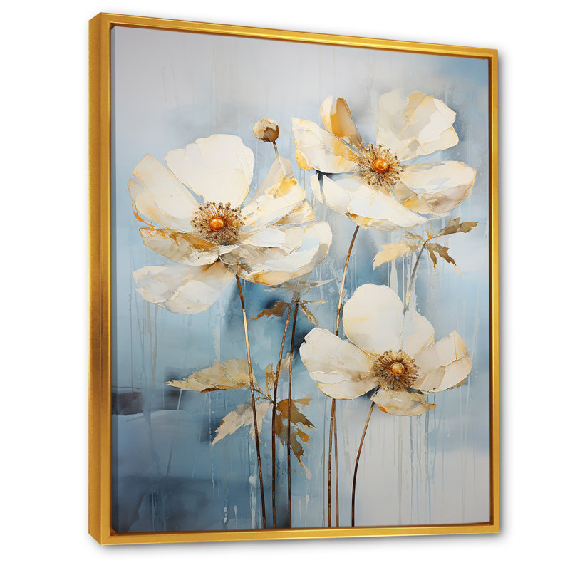 Minimalisme renoncules sur fond bleu sur toile, H 40 po x l 30 po x P 1,5 po, Cadre flottant doré