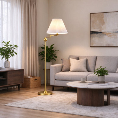 Lampe sur pied à bras pivotant réglable de 64,25 po de style Mid-Century moderne, lampe sur pied dorée avec abat-jour plissé blanc pour le salon, la chambre à coucher (ampoules non incluses)