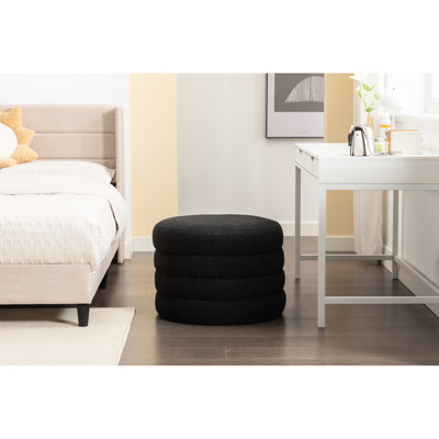 Tabouret rond avec rangement et housse en mélange de lin noir pour ordinateurs portables de 23,9 po de largeur