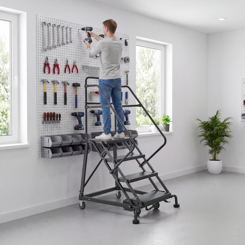 Échelle de rangement à 4 marches, escalier mobile en acier allié industriel, avec rampes, marches perforées antidérapantes et roues autobloquantes, échelle de plateforme robuste 450LBS pour bibliothèque de garage