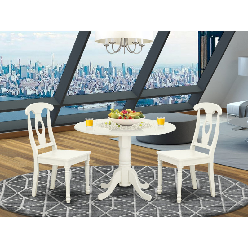 L'ensemble de table de salle à manger 3 pièces contient une table de cuisine ronde avec Dropleaf et 2 chaises de salle à manger, 42 x 42 pouces, lin blanc