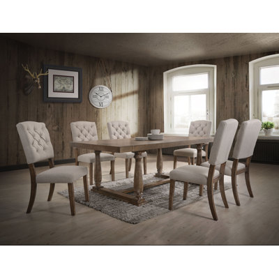 Weathered Oak 7-PC Dining Set | Farmhouse Rectangular Table & 6 Button-Tufted Chairs – Timeless Dining Room Ensemble by August Grove
