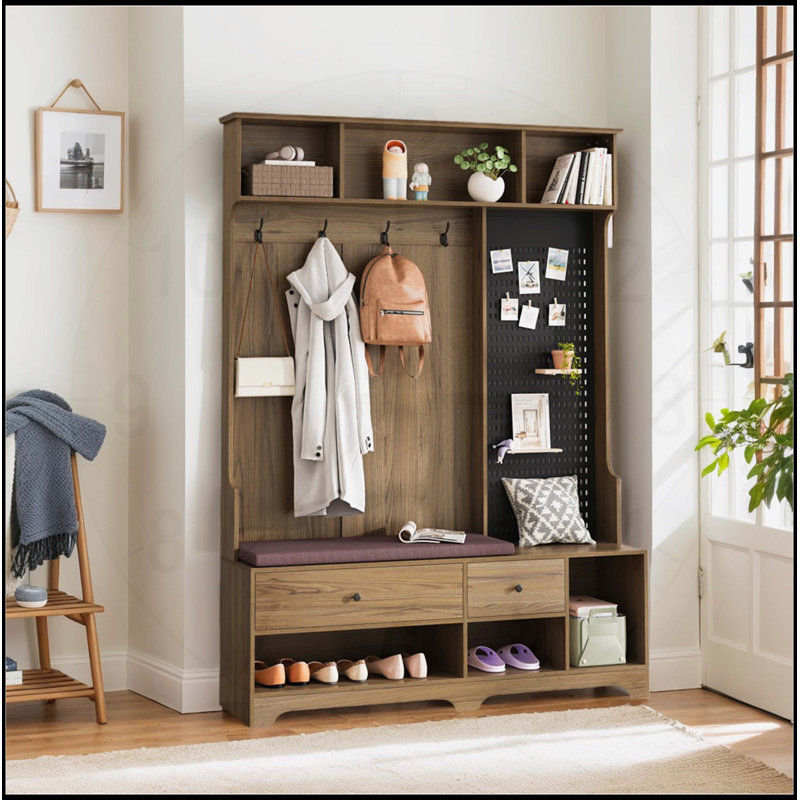 Arbre d'entrée polyvalent avec banc d'entrée en lin amovible, portemanteau et solutions de rangement pour la vie moderne