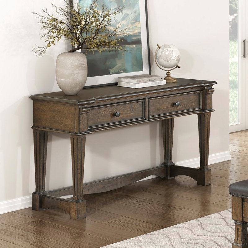 Console rectangulaire marron de style traditionnel avec 2 tiroirs à glissières à roulement et finition antique, 127 cm de longueur, style classique à placer derrière un meuble d'appoint.