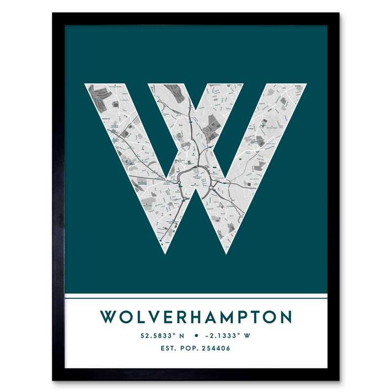 Wolverhampton City Map Wolverhampton Teal - Single Picture Frame Typography