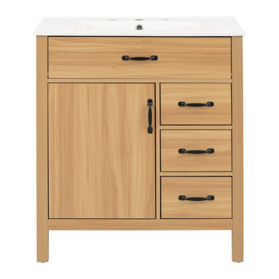 Meuble-lavabo de 30 po avec lavabo en céramique, armoire moderne, charnières et tiroirs à fermeture en douceur, panneau de fibres à densité moyenne avec pieds en bois massif, tiroir rabattable, poignées en alliage de zinc noir
