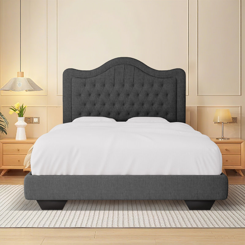 Structure de lit rembourrée en tissu avec tête de lit réglable, support à lattes de bois, lit plateforme capitonné, Noir