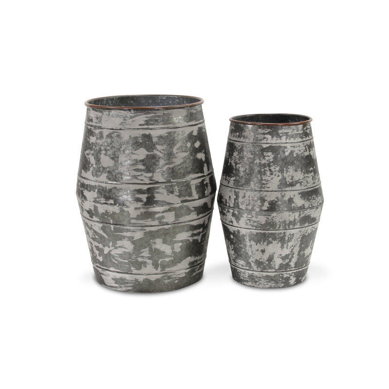 Ensemble de deux vases de plancher cylindriques en métal galvanisé gris
