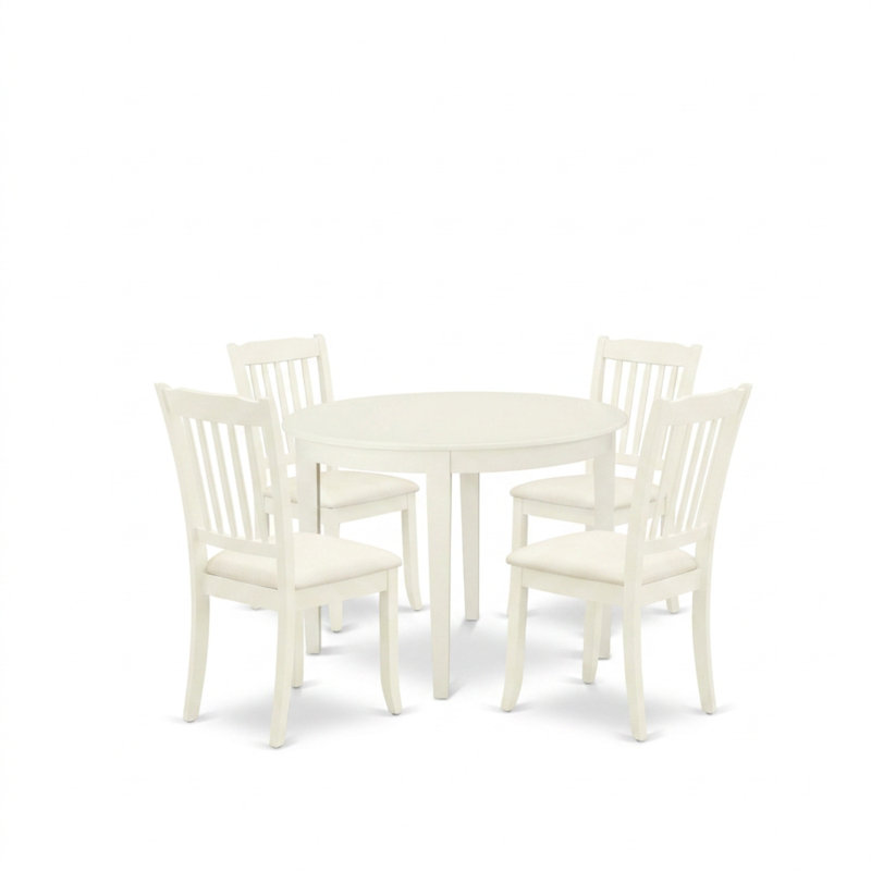 Ensemble de salle à manger rond 5 pièces en bois dur asiatique blanc lin, style milieu du siècle, avec chaises de salle à manger rembourrées en tissu lin