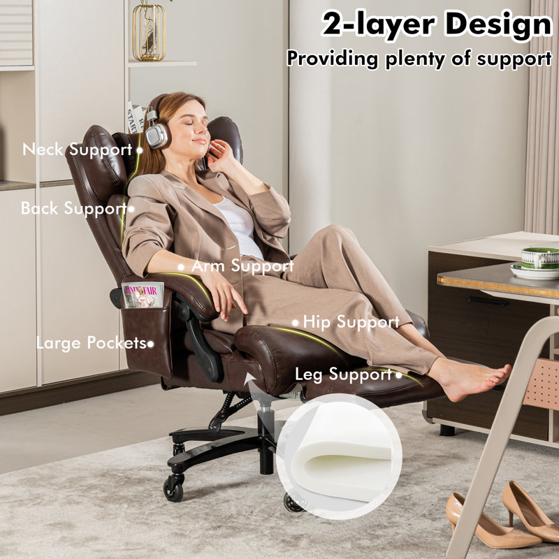 Massage and Heat Ergonomic Office Chair with Adjustable Backrest and Footrest, Big and Tall Executive Desk Chair with Lumbar Support and Headrest, 360 Swivel High Back Reclining Computer Chair 400 lbs for Heavy People
