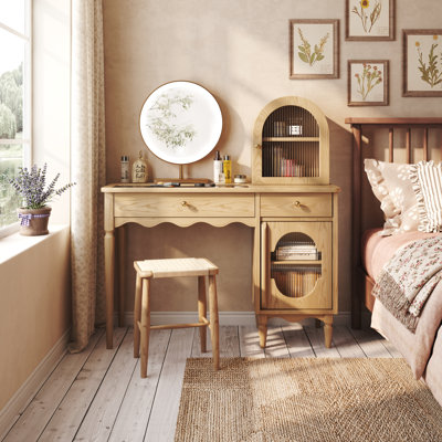 Japandi Makeup Vanity With 2 Drawers And 2 Cabinets, Arched Sytle Vanity Desk With Glass Doors And Wooden Legs