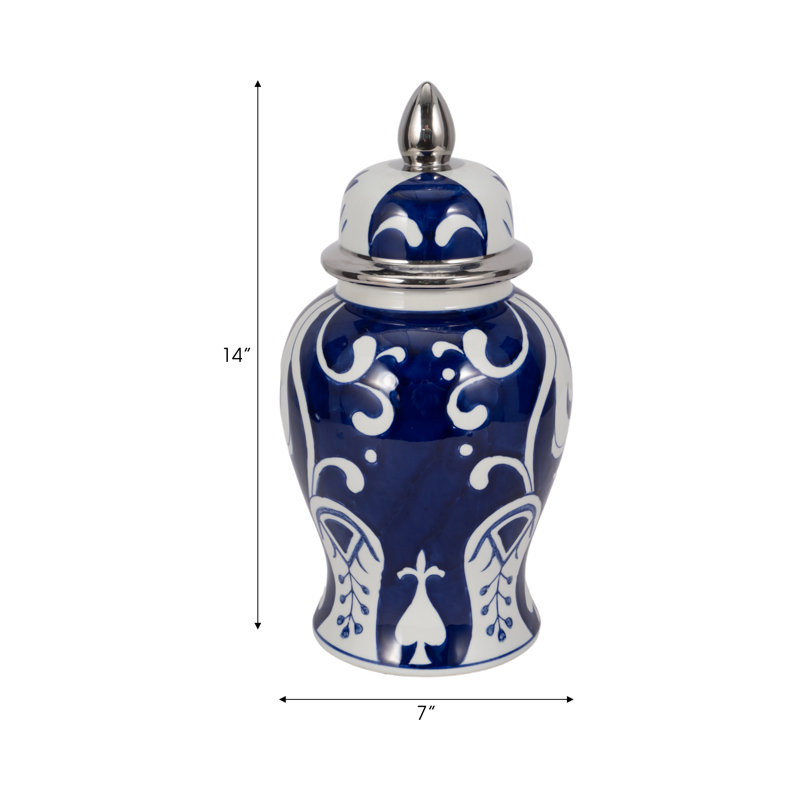 Patterned Eclectic Temple Jar with Lid, Blue Silver