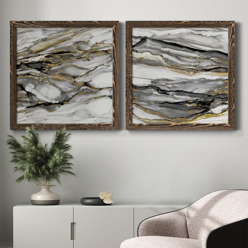 Marbré or I - ensemble de 2 peintures sur toile encadrées, Cadre noyer, H 35,5 po x l 71 po x P 1,5 po